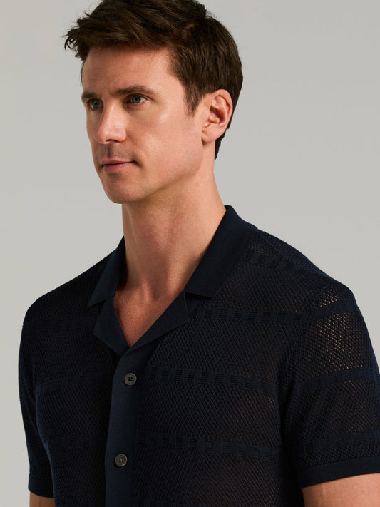 Cotton Mesh Knit Striped Button Front Sweater | Perry Ellis