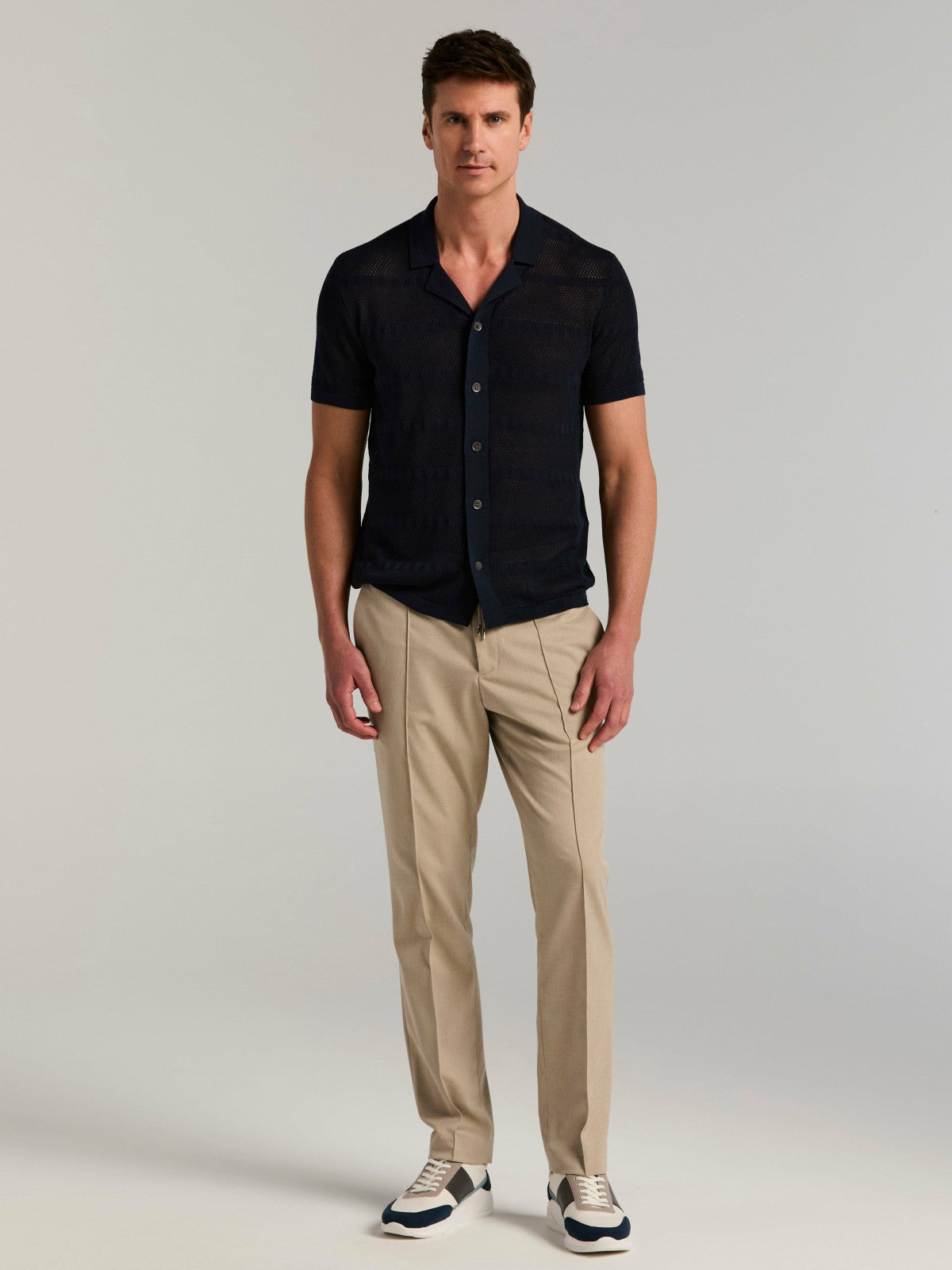 Cotton Mesh Knit Striped Button Front Sweater | Perry Ellis