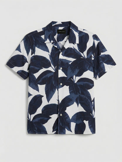 Tropical Plant Print Camp Collar Shirt | Perry Ellis