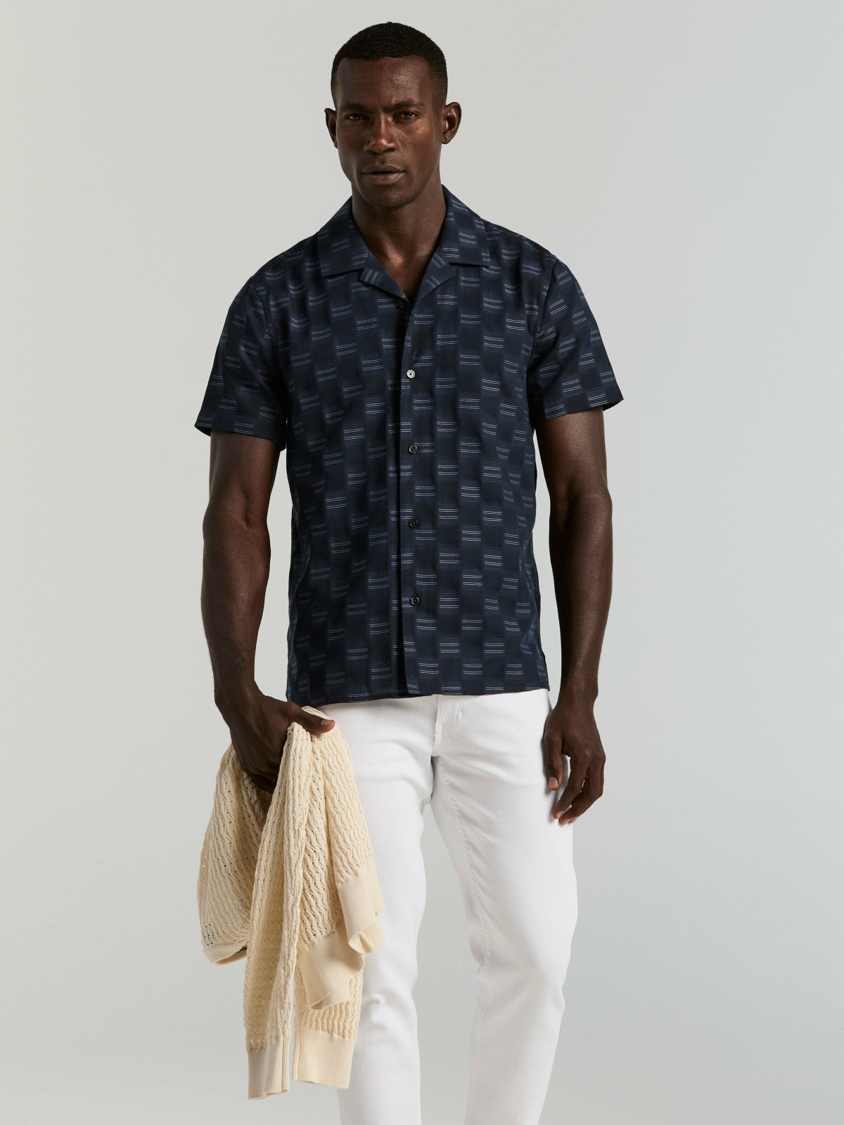 Cotton Clipped Dobby Camp Collar Shirt | Perry Ellis