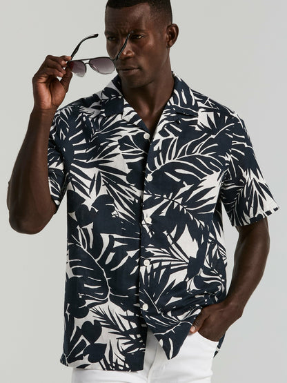 Tropical Leaf Print Camp Collar Shirt | Perry Ellis