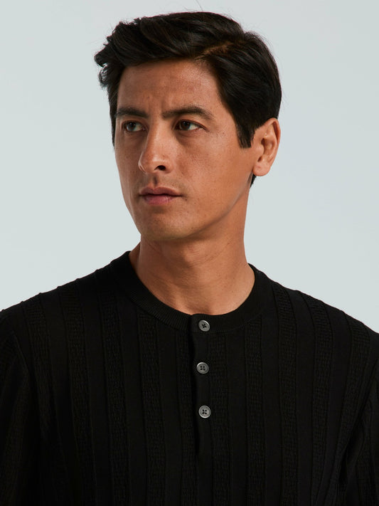 Cotton Textured Striped Button Crew Neck Sweater | Perry Ellis