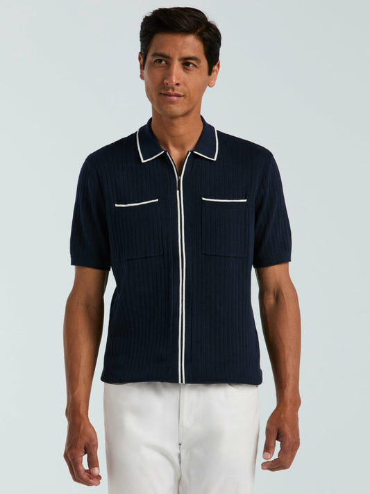Cotton Tipped Ribbed Full Zip Sweater | Perry Ellis