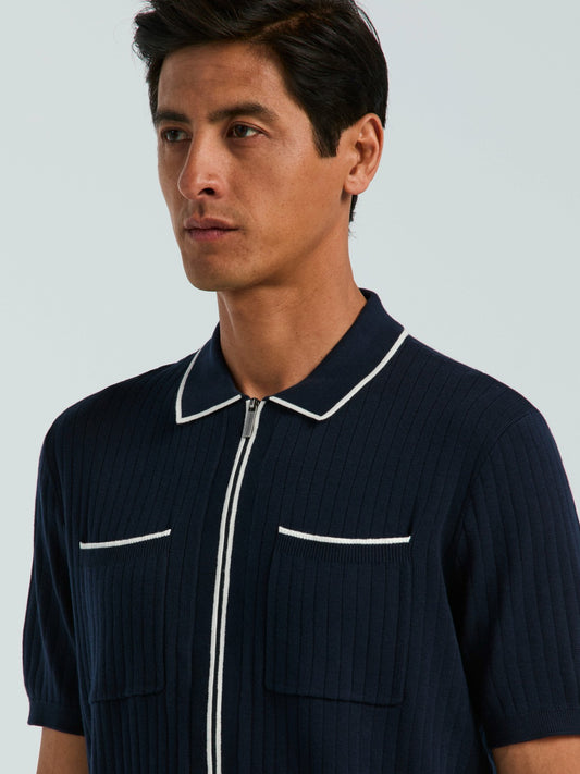 Cotton Tipped Ribbed Full Zip Sweater | Perry Ellis
