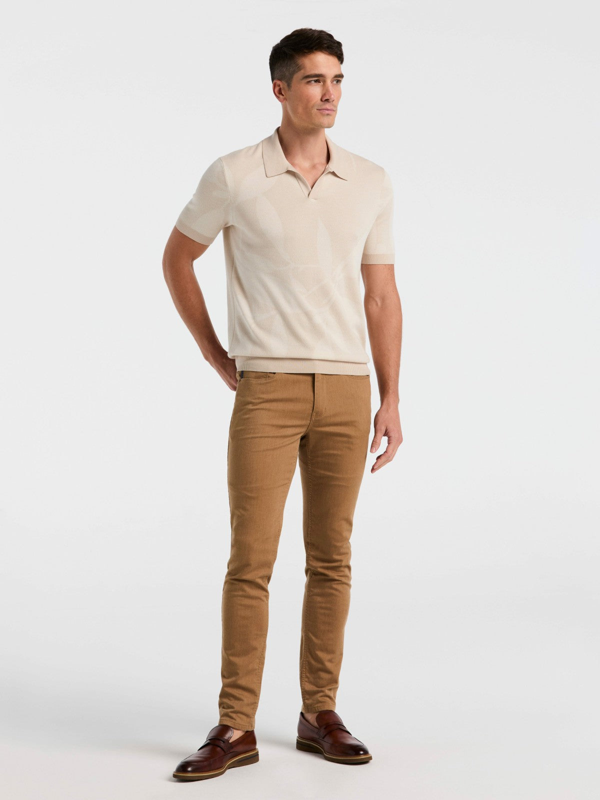 Leaf Print Open Collar Sweater Polo | Perry Ellis
