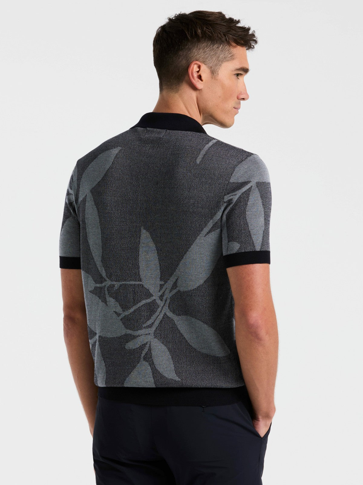 Leaf Print Open Collar Sweater Polo | Perry Ellis